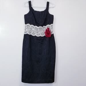 Sara Campbell Black Shimmer Jacquard Sheath Dress w/ White Lace Waistband